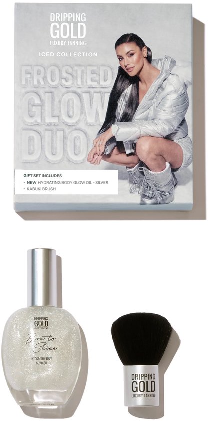 Dripping Gold | Frosted Glow Duo Gift Set - Body Glow Oil Silver & Mini Kabuki Brush - Vegan