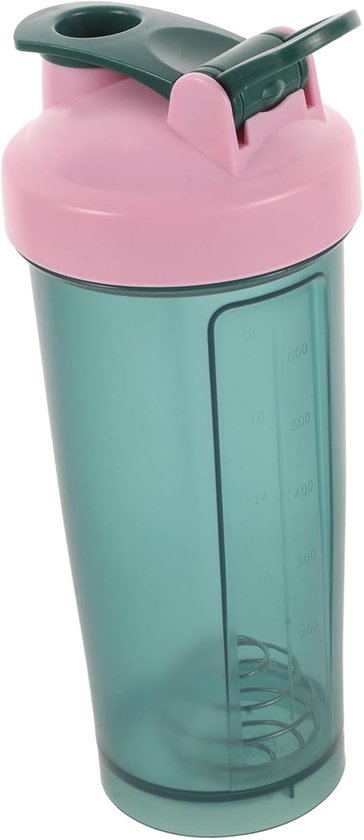 Groene schudbeker met roze dop, met metingen op de zijkant.