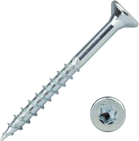 Een verzinkte spaanplaatschroef, 4.0 x 40 mm, platkop, deelddraad, met Torx 20 aandrijving.