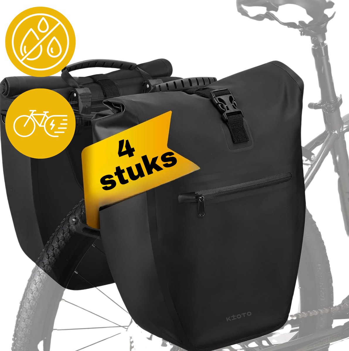 Kioto Fietstassen Dubbel Waterdicht - Makkelijk te bevestigen - 4x 25L - 100% Waterdicht - Fietszakken geschikt voor sportfietsen en elektrische fietsen - Zwart