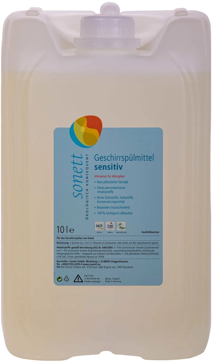 Afwasmiddel sensitief 10 liter, ecologisch, parfumvrij, grootverpakking