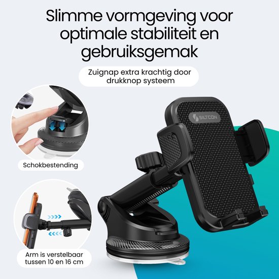 Siltcon® Telefoonhouder Auto - Extra Sterkte Zuignap voor Dashboard en Raam - Telefoonhouders Auto - GSM Houder Auto - Universeel voor alle Telefoons - Verstelbaar - Zwart