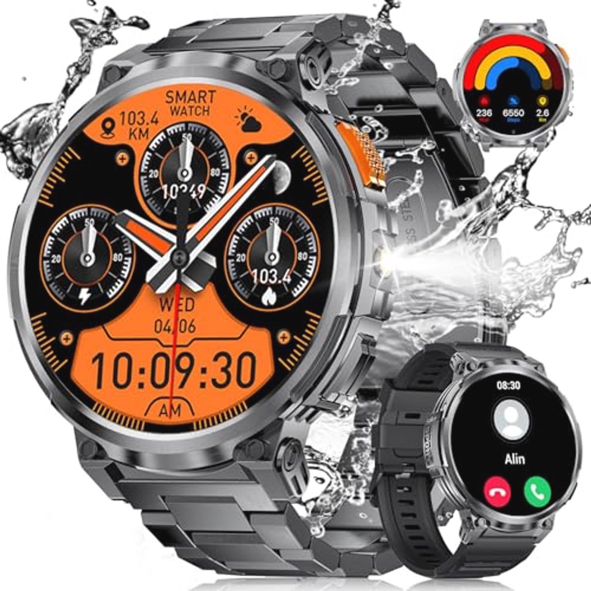 Smartwatch voor heren met 1000 mAh batterij, LED zaklamp, 1,85 inch HD scherm, 5 ATM waterdicht, militair design en 100+ sportmodi