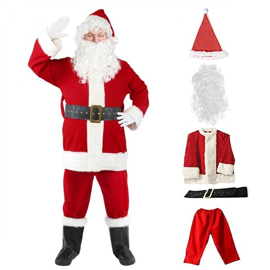 OIMG 5-Delig Kerstpak - Kerstman Kostuum - Kerstman Kostuum - kerstcadeau - Inclusief hoed, baard, shirt, broek en riem - Luxe Kerstman Kostuum met AccessoiresHoge kwaliteit - Verkleedkleding - Maat: 3XL - 85-90kg - Rood