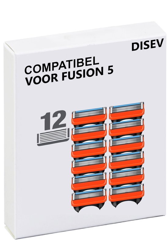 Doos met 'DISEV COMPATIBEL VOOR FUSION 5' en 12 oranje scheermesjes.