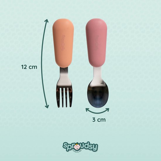 Roze en oranje kinderlepeltje en vorkje, 12 cm lang, 3 cm breed. RVS met siliconen handvat.