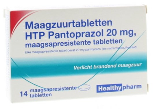 Verpakking van Healthypharm Pantoprazol 20mg maagzuurtabletten, 14 tabletten.