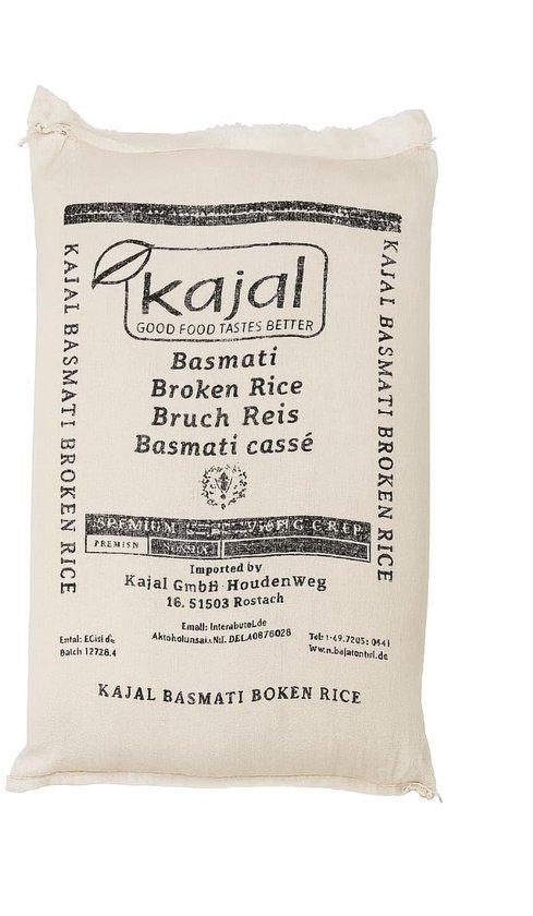 Kajal Basmati Broken Rice 25kg zak met zwarte tekst. "PREMIUM" op een banderol. Product van India.