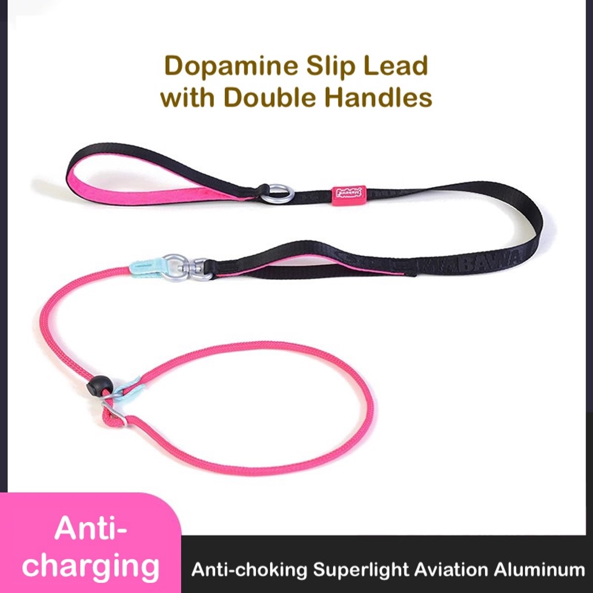 Dopamine Slip Lead with Double Handles (BlackRaspberry) - Walk in Colour Train with Ease / Bright Colours Light Feel Better Control / Prevents Choking / Vibrant Colour Design / Superlight Aviation-Grade Aluminum Hardware