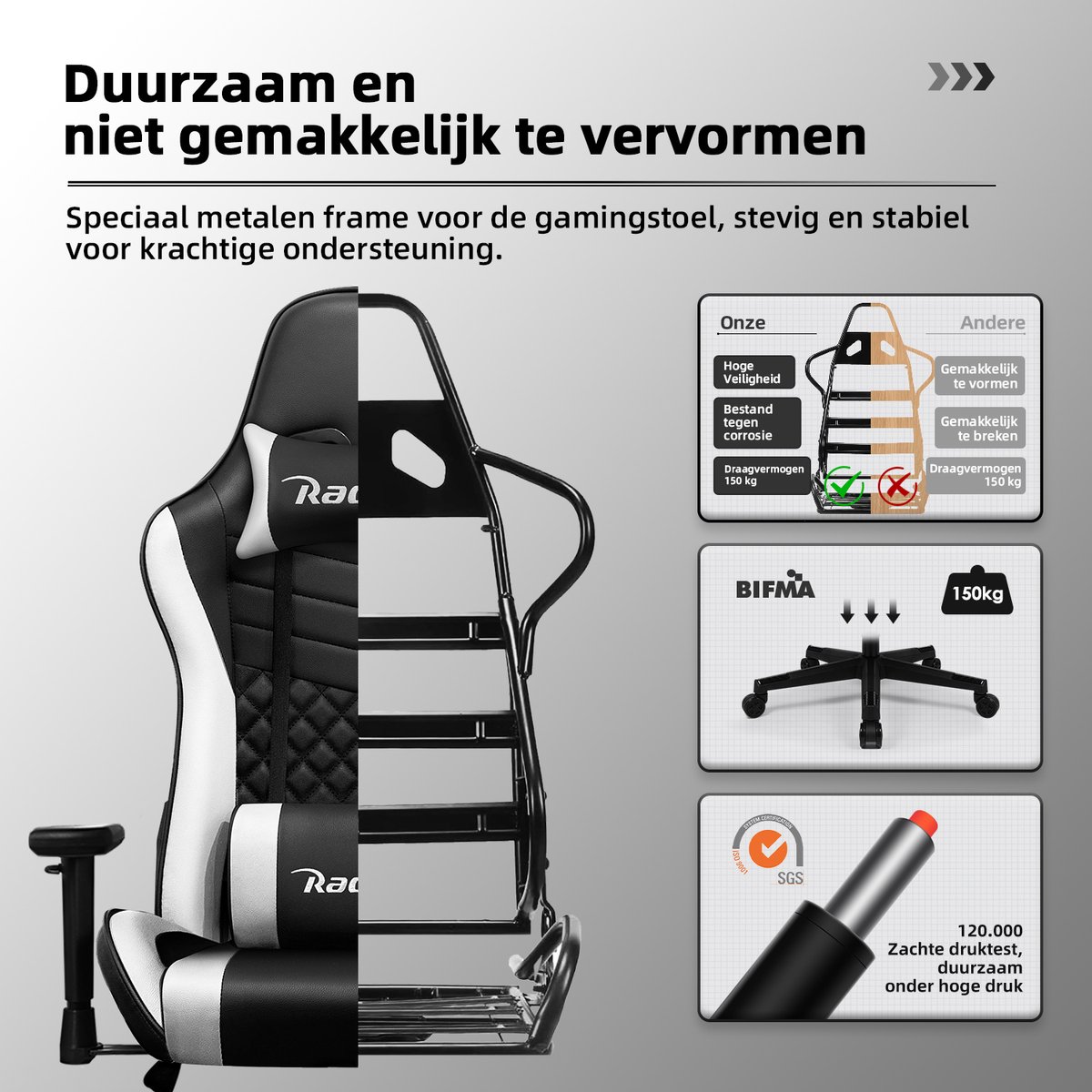 Hiaonyx Gamestoel 170° Verstelbaar Wit 150kg Belastbaarheid - afbeelding 3