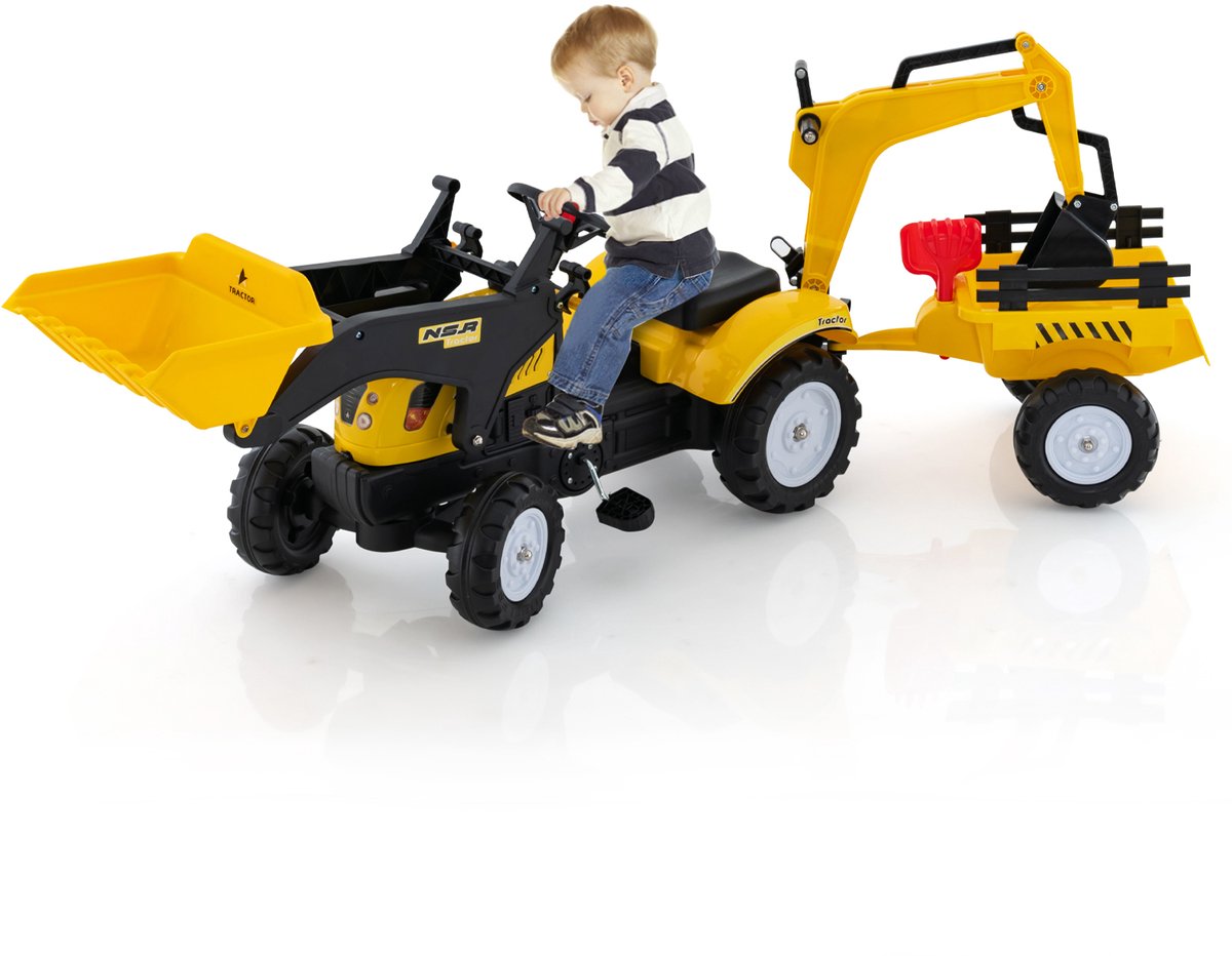 COSTWAY Kindertractor met aanhanger en graafschep - Voor kinderen 3-6 jaar