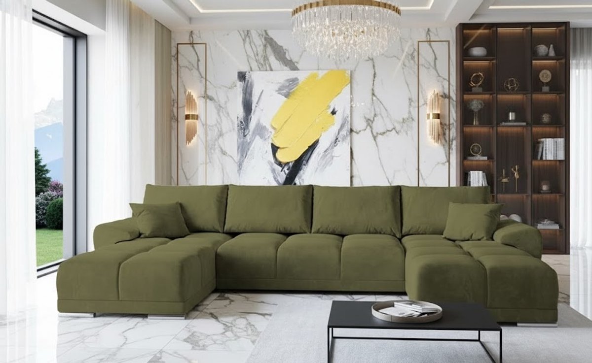 Fluwelen U-vorm Hoekbank met Slaapfunctie en Opbergruimte – 365 x 189 cm – Olijf Groen – Luxe Comfort Design – Novihome