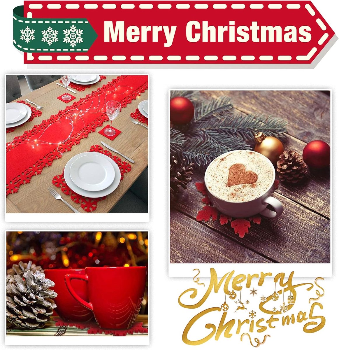 Set van 12 placemats, kerstplacemats en onderzetters, rode placemats, tafelset van vilt, geschikt voor het decoreren van kerstfeestjes, feestdagen, bruiloften en diners. — cadeau in Wonen & Interieur - foto 6