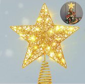 Gouden ster piek met sprankelende LED lampjes, met kleine afbeelding van de piek op een boom.