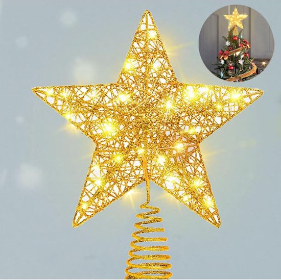 Gouden ster piek met sprankelende LED lampjes, met kleine afbeelding van de piek op een boom.