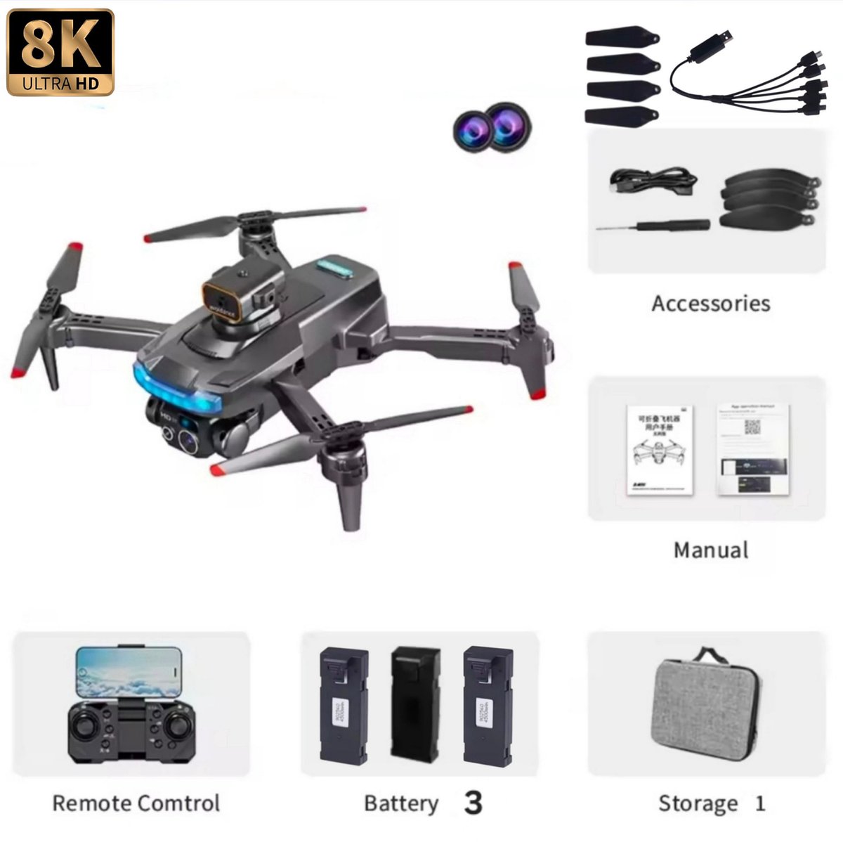 8K Drone - GPS - 2 Batterijen - 5G - Gps - Professionele - Hd Luchtfotografie - Dual-Camera - 35 minuten vliegtijd - 5 KM bereik - 2.4GHz Wifi -1 click return & landing - Zonder Vliegbewijs