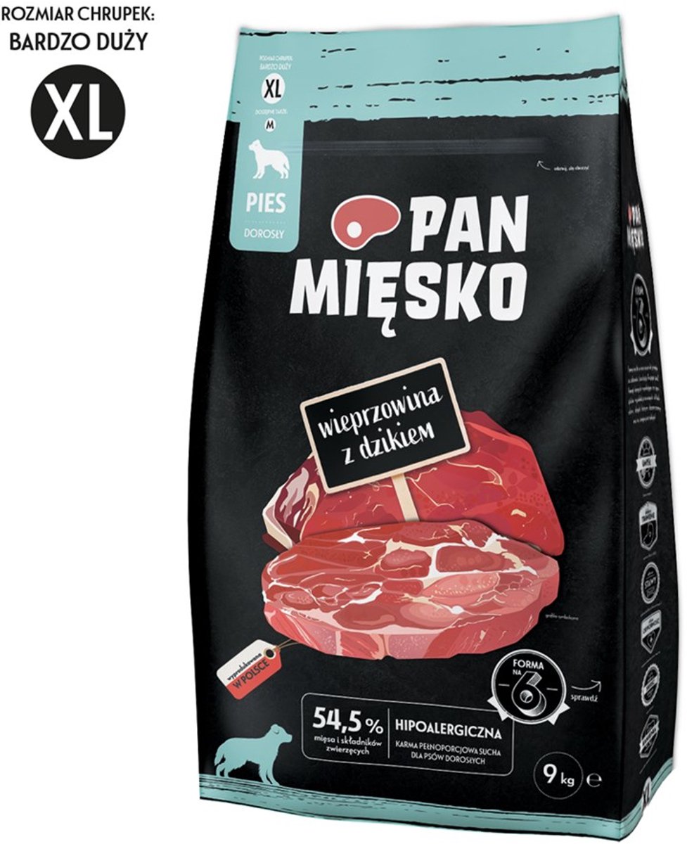 PAN MIĘSKO Pan Mięsko – Droog hondenvoer – Varken & Wild zwijn – Grote brokken XL – 9 kg – Natuurlijk & Hypoallergeen