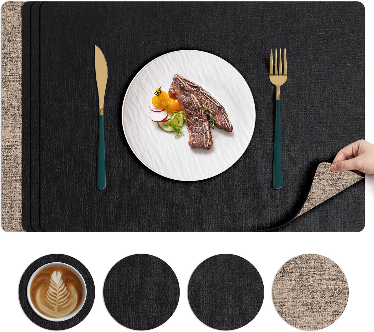 Set wasbare placemats (4 stuks)- hittebestendige- antislip- dubbelzijdige placemats (zwart/bruin)- 43x30cm; onderzetters 10x10cm.