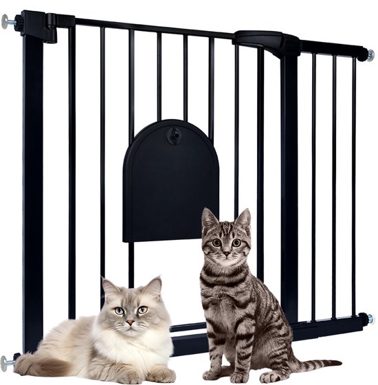 Barrière d'escalier, barrière de sécurité pour porte pour enfants, sans perçage, pour portes de 95 à 105 cm de large, résistante à la pression, à fermeture automatique, barrière en métal, barrière pour chien avec chatière (Zwart)