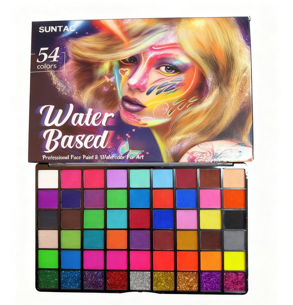 Suntac Professionele Schminkset - 54 Kleuren - Waterbasis - Incl. 10 Penselen & Sjablonen - Hét Ideale Festival & Feest Cadeau - Veilig voor Kinderen & Volwassenen — afbeelding 11