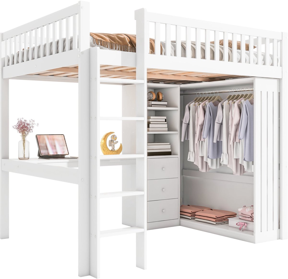 Merax Hoogslaper 140x200 cm - met Bureau - Kast - 3 Lades - Trap - Houten Bed met Opbergruimte - Kinderbed met Bureau - Wit - Zonder Matras