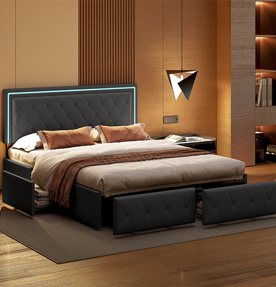 Modern tweepersoonsbed met lades, LED-lederen bedframe met opbergruimte, 140 x 200 cm, zonder matras (wordt in 2 pakketten verzonden)