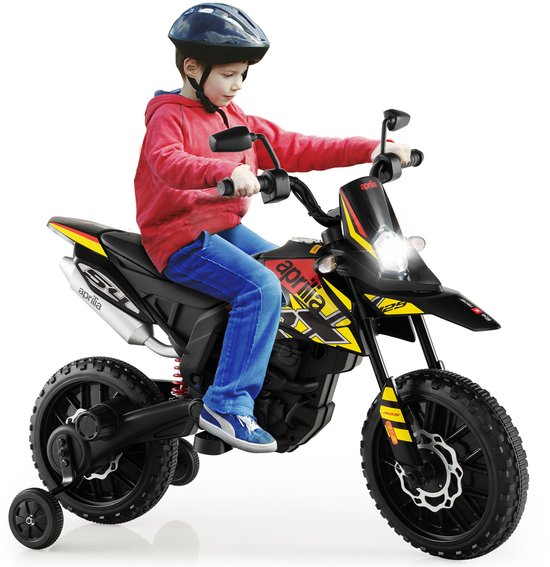 COSTWAY Aprilia Elektrische motorfiets voor kinderen, 12 V, met steunwielen, muziek en koplampen, 5,5-6 km/u, geschikt voor kinderen van 3 tot 8 jaar, zwart