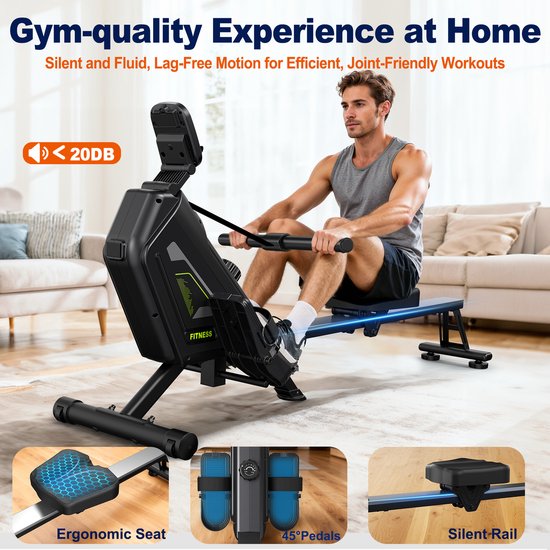 Man op zwarte roeimachine, met ergonomische zitting, 45° pedalen en stille rail. Geluidsniveau <20DB.
