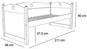 Schematische tekening van een wit bed met hartversieringen en afmetingen.