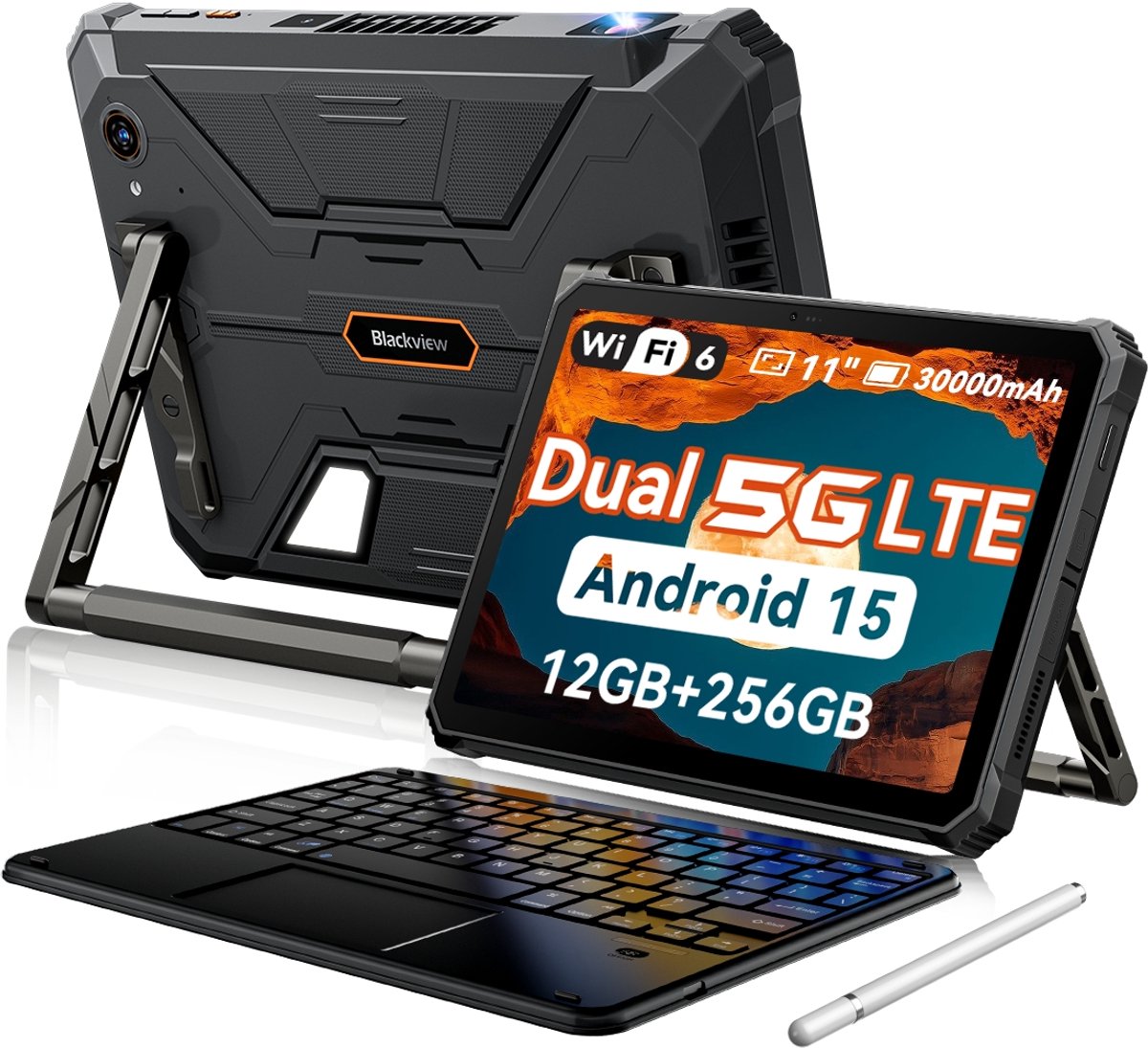 Blackview Active 12 Pro 5G Outdoor Tablet - 11 inch - 36 GB + 256 GB 30000 mAh - Met Toetsenbord(QWERTY) - IP68 waterdicht 108 MP + 50 MP Dual SIM - Zwart
