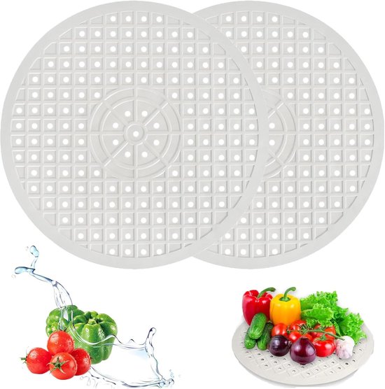 Tapis d'évier rond en caoutchouc blanc - 2 pièces - Tapis d'évacuation réutilisable - Accessoires de cuisine - Vaisselle