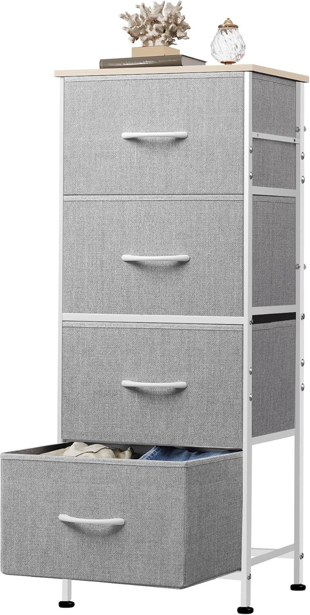 Commodekast met 4 stoffen laden, commodekast voor slaapkamer, commode woonkamer, met stabiel stalen frame, houten plaat, lichtgrijs, HMTM-ASNG502