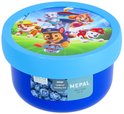 Boîte à fruits bleue avec les chiots de la Pat' Patrouille, avec une fourchette.