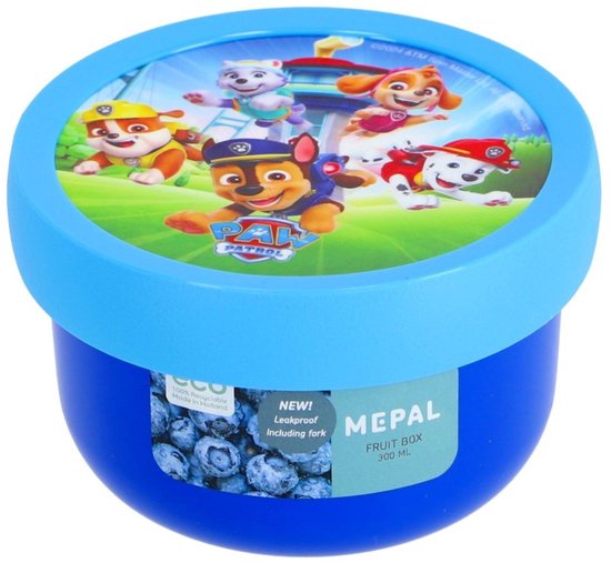 Boîte à fruits bleue avec les chiots de la Pat' Patrouille, avec une fourchette.