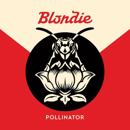 Albumcover Blondie Pollinator, zwart-wit afbeelding van een insect op een bloem, rood en crème achtergrond.