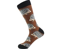 Heren sokken - zwart - grijs - bruin - leuke print egel - 40-46 - cadeau - voor hem - Kerst cadeau - vaderdag cadeau - verjaardagscadeau - geschenk - zakelijke geschenken -