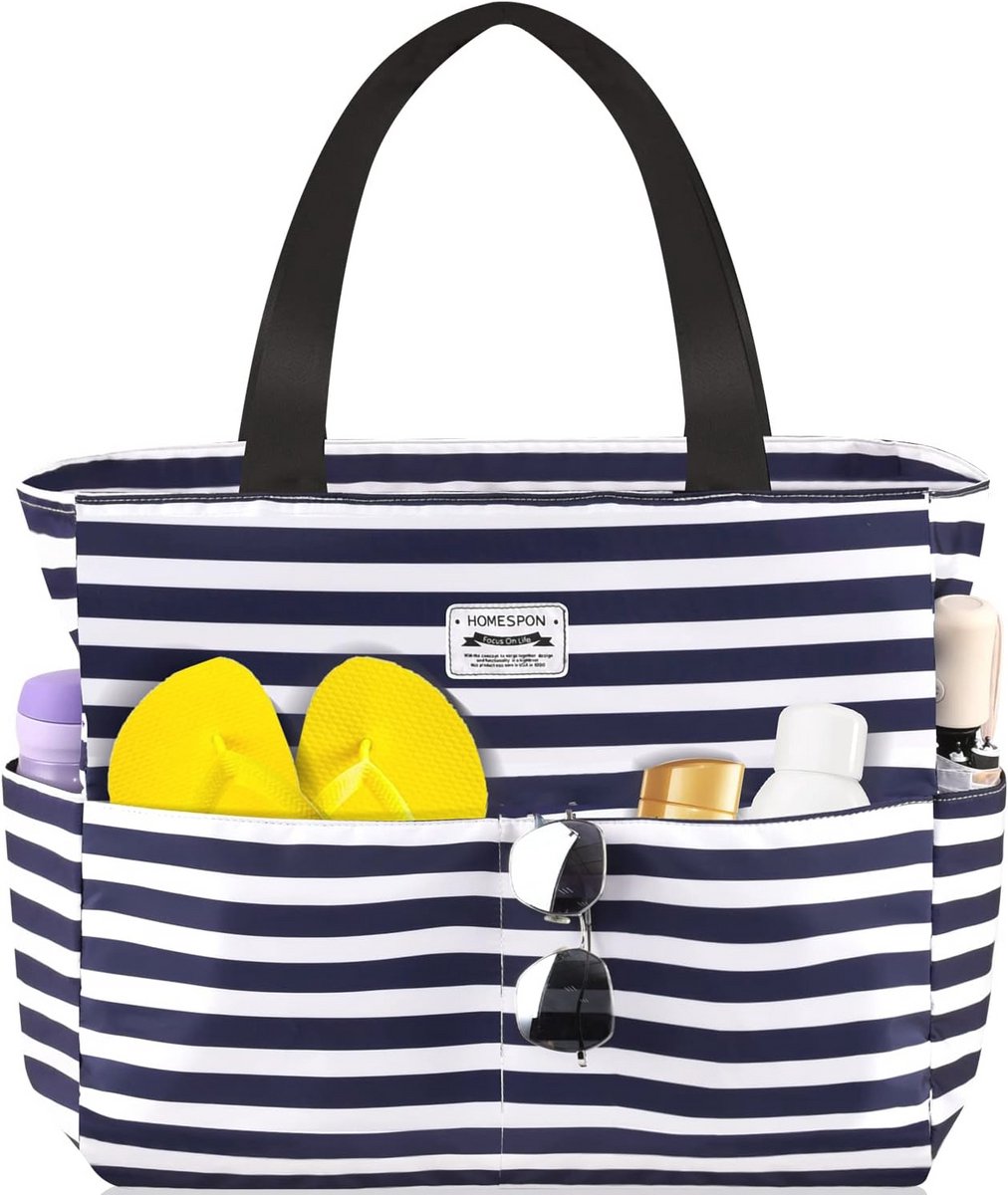 Grote strandtas dames XXL waterdichte badtas met ritssluiting - Blauw gestreept