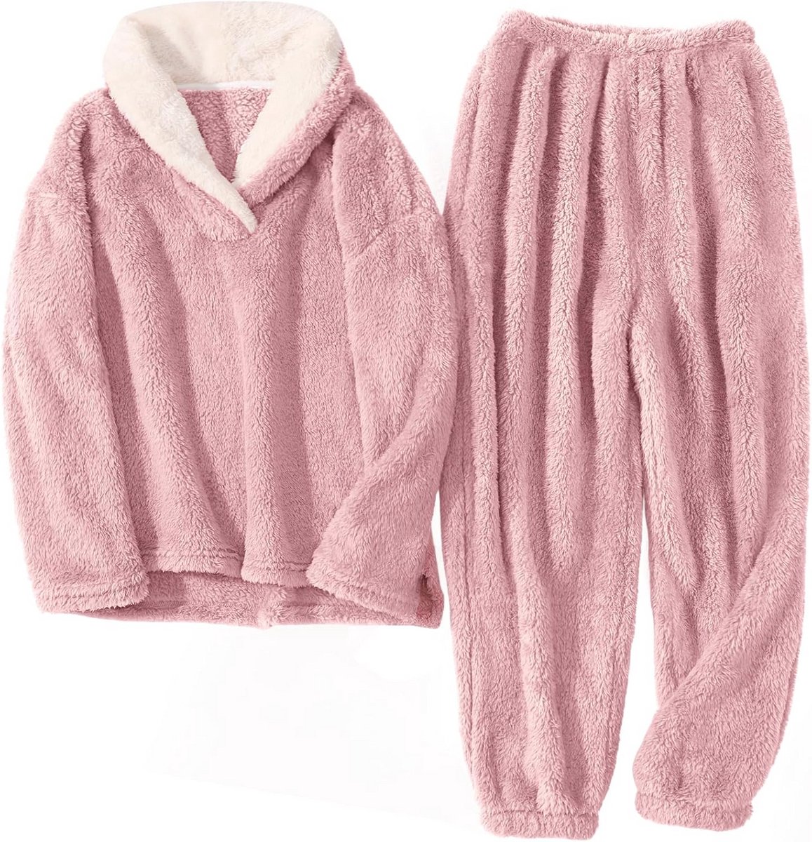 Warme fleece damespyjamaset, zachte 2-delige nachtkleding en loungewear met zakken
