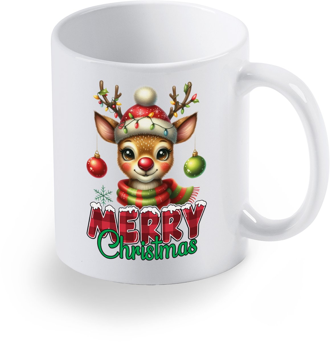 Bedrukte beker Kersthertje met muts en kerstballen – Merry Chistmas - Koffie mok - Geschenk - gepersonaliseerd cadeau