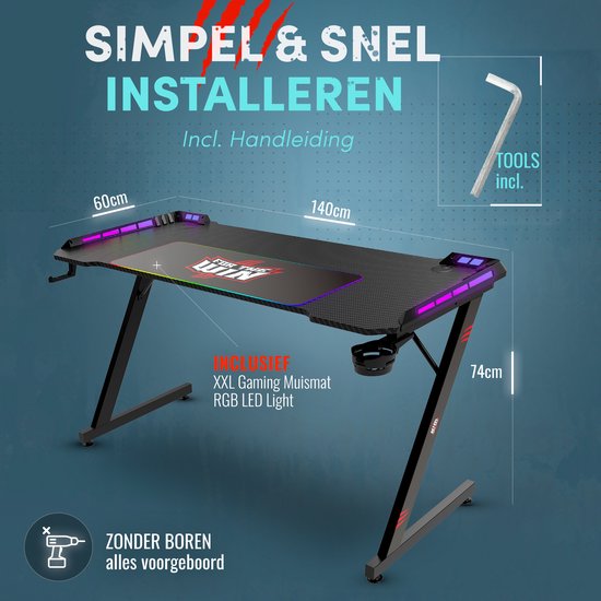 Gaming bureau met z-vormige poten, RGB LED verlichting aan de zijkanten, 140cm breed, incl. XXL gaming muismat en tools.