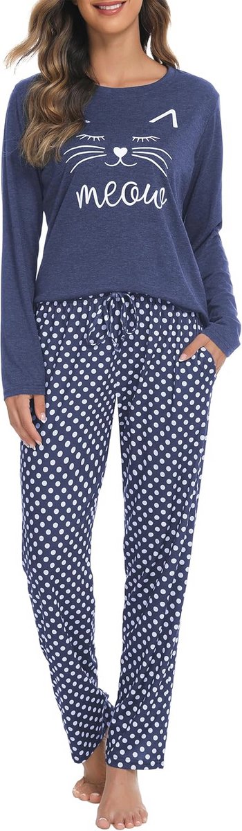 Dames Pyjama met Lange Mouwen - Warme Tweedelige Huispakset - Marineblauw - Winter Sleepwear