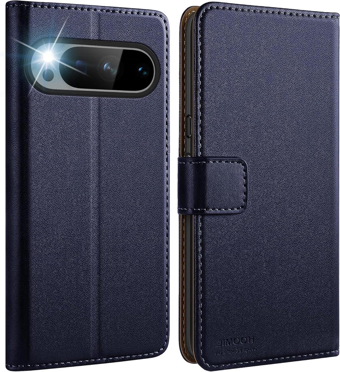 E-Ambar - Leren Hoes voor Google Pixel 9 Pro XL, Blauw, Inklapbare Case, Beschermhoes