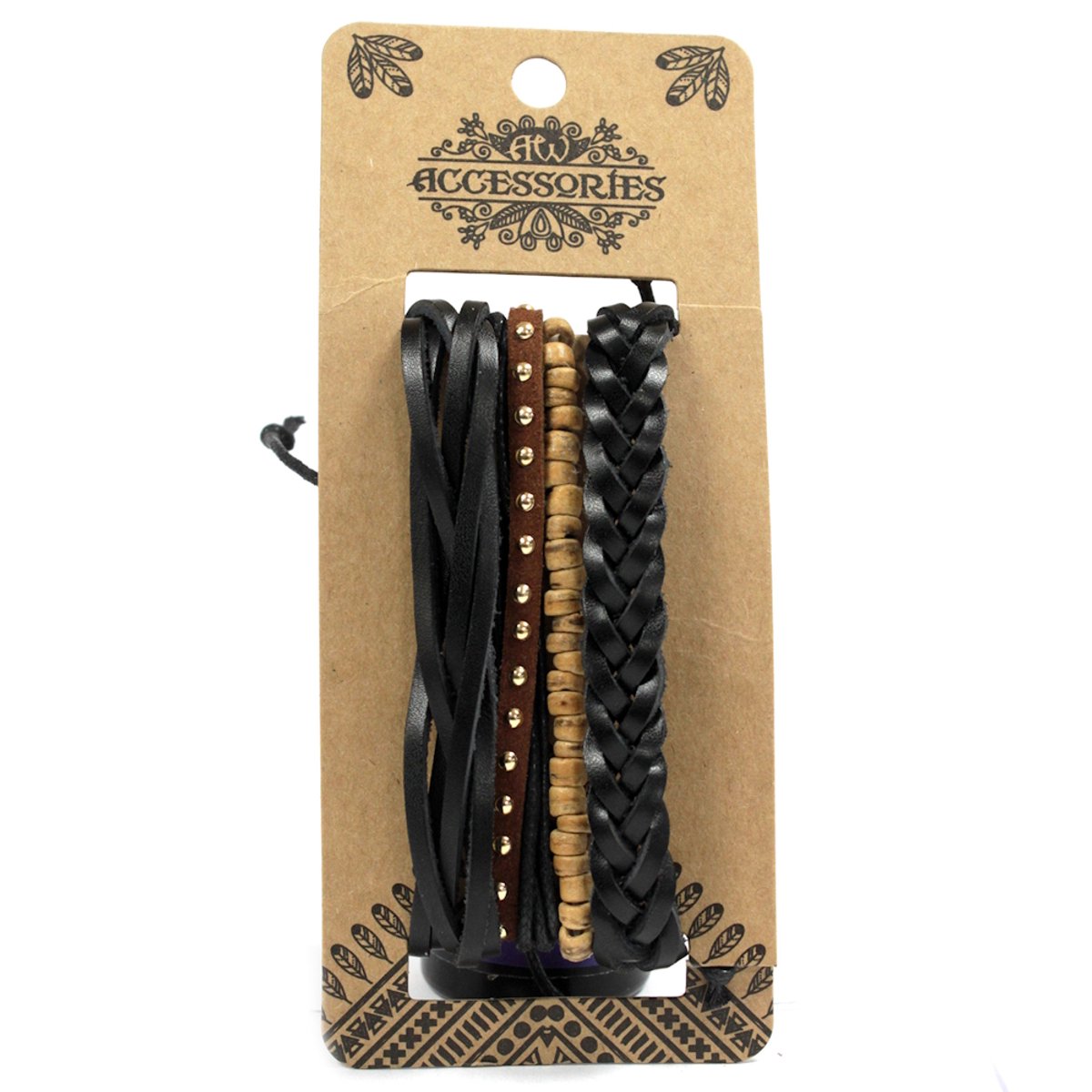 Heren Armband Set – Black & Macho - Imitatieleer - Metaal - Kralen - Zwart - Bruin