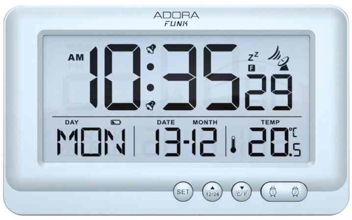 Adora Funk Digitale Wekker – Radiogestuurde Klok – Twee Alarmtijden – Temperatuur, Datum & Dagweergave – Automatische Zomer/Wintertijd – Groot Display – Achtergrondverlichting