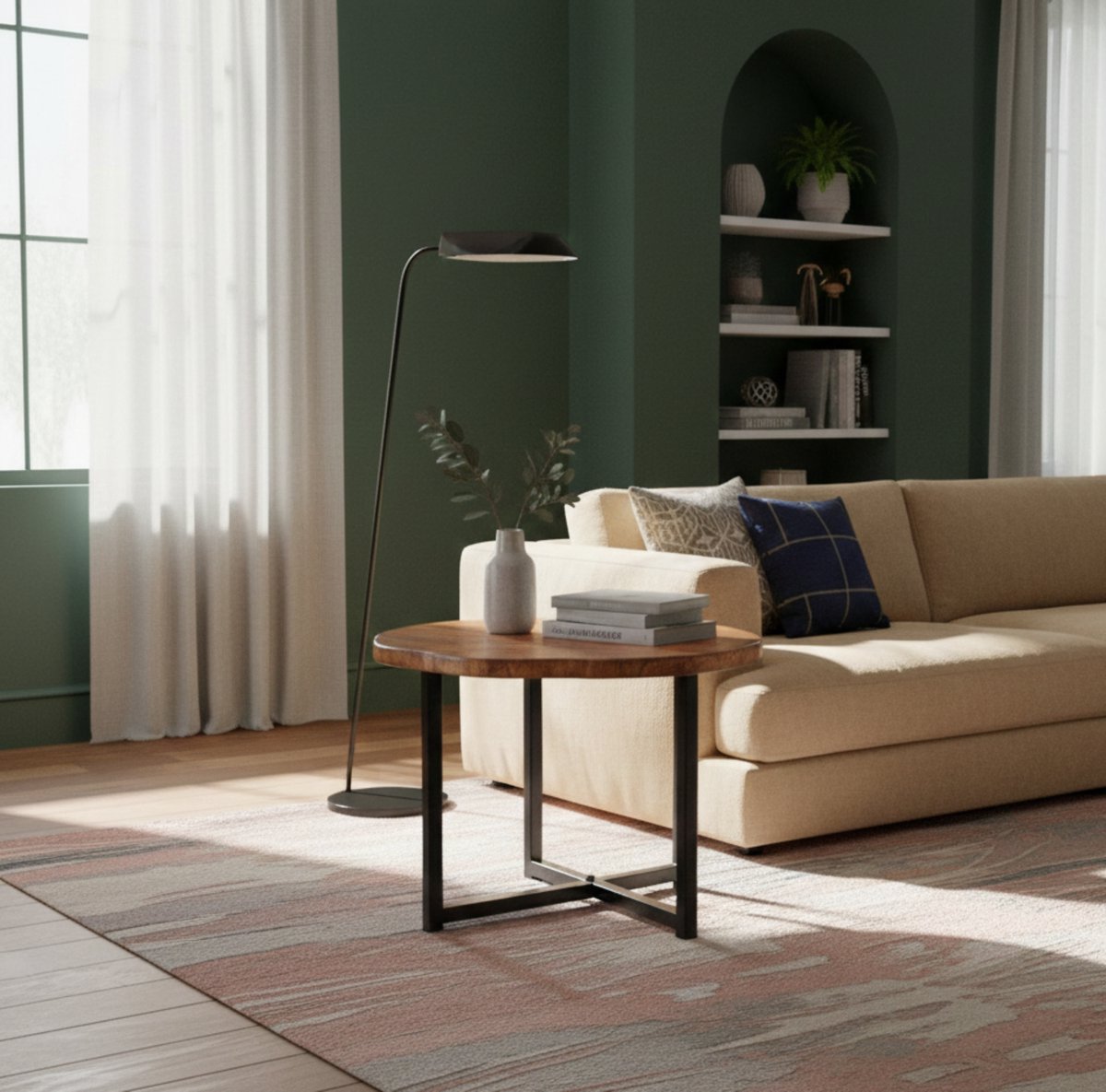 Bijzettafel Rond Mangohout 60 cm – Industriële Houten Tafel met Zwart Metalen Kruispoot – Luxe Hoogwaardige Side Table – Altameubel