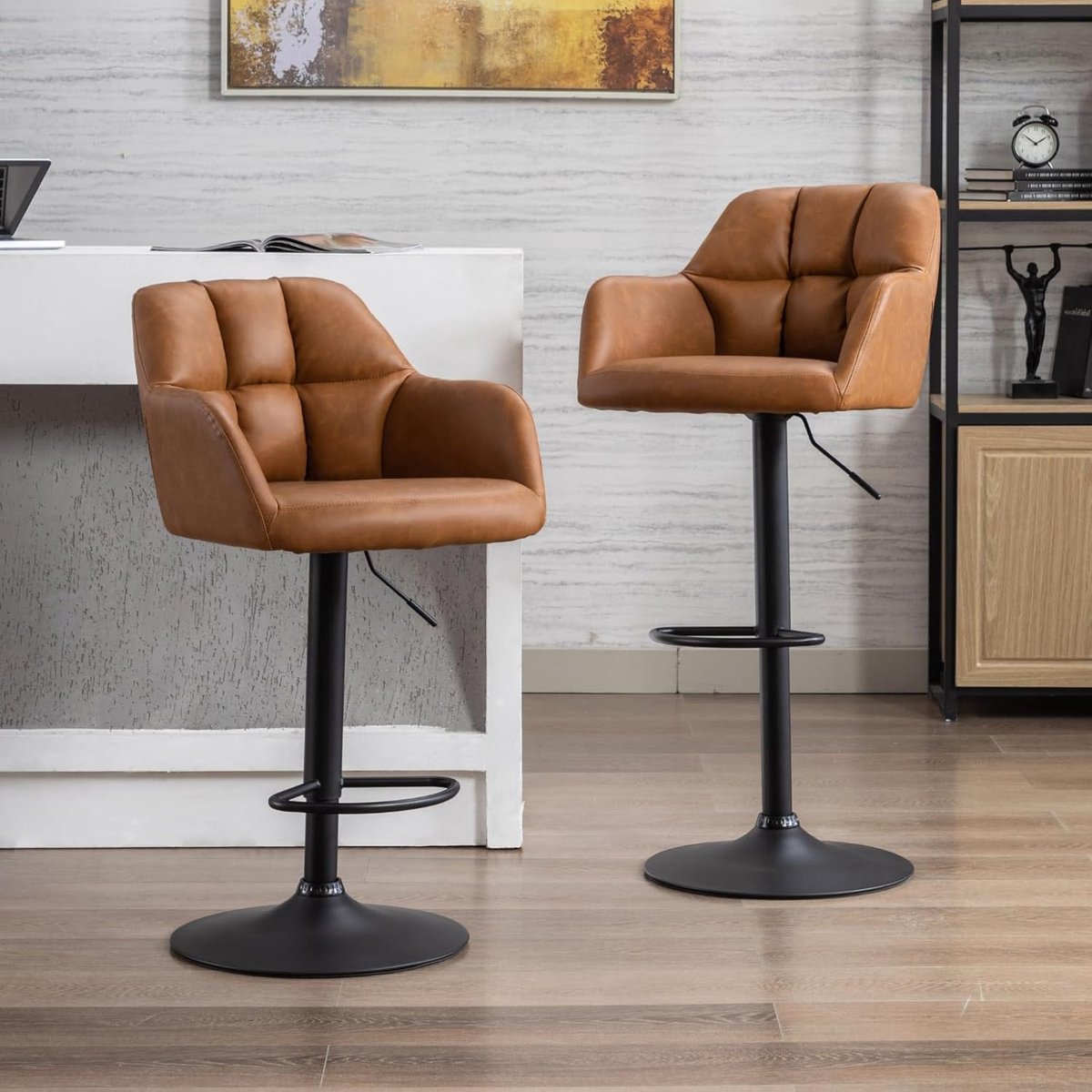 Set van 2 Design Barkrukken met Rugleuning - PU Leren Barkrukken Armleuningen – - Medahomestore