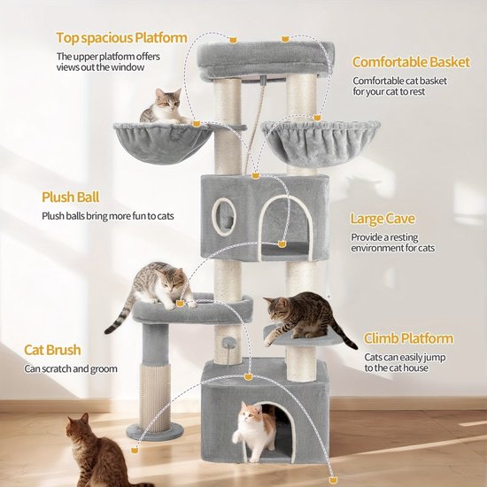 tectake® grote kattenkrabpaal - kattenboom met accessoires en kattenspeelgoed, XXL krabmeubel met 2x kattenhuisjes, speeltoren met krabpaal, krabpaal van sisal - zwart/wit