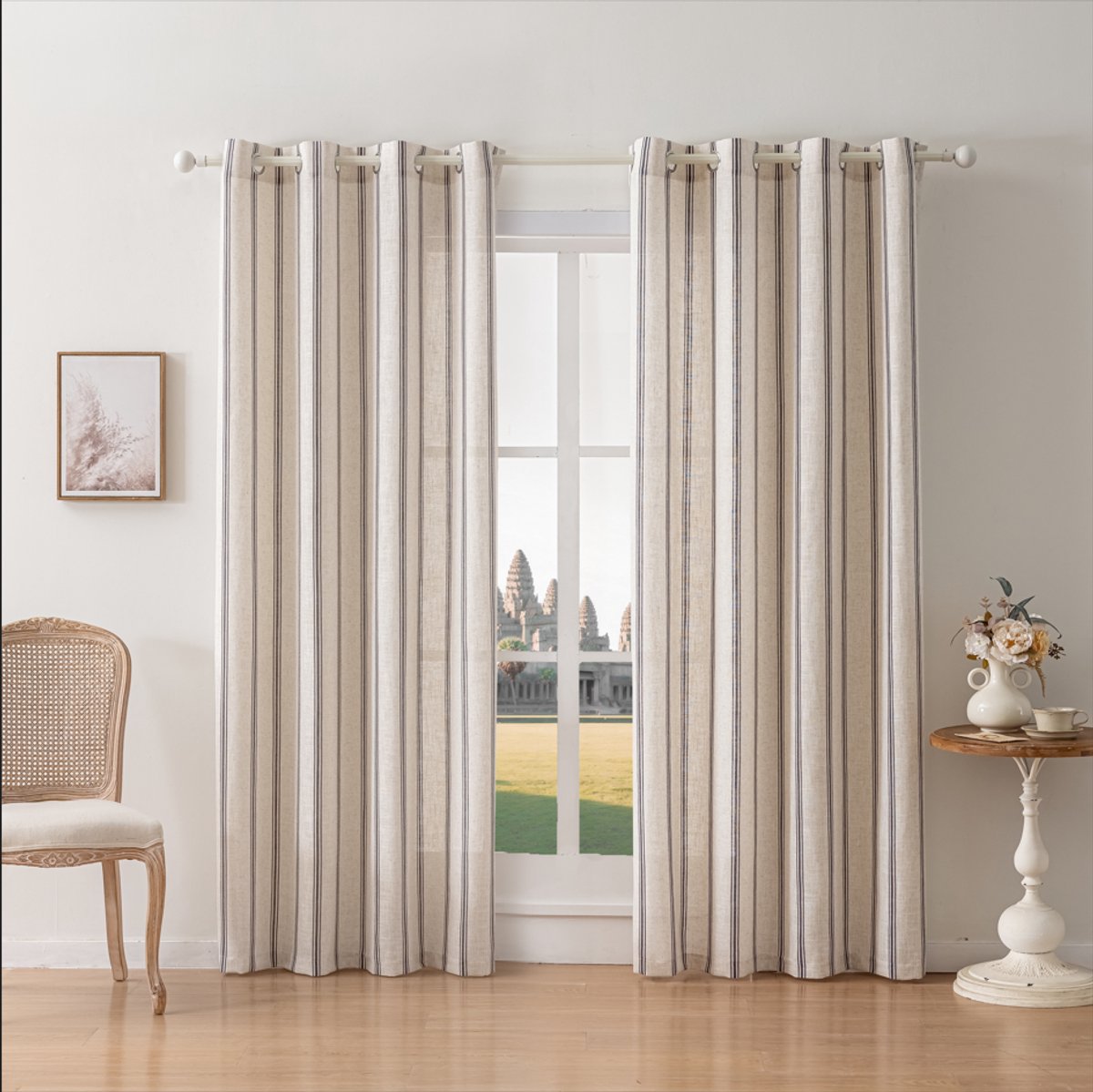 Linnenmix gestreepte gordijnen Tickingstripe lichtfilterende gordijnen Blauw gedrukt op beige gordijnen voor woonkamer en slaapkamer,met haakjes ringen,140x255cm