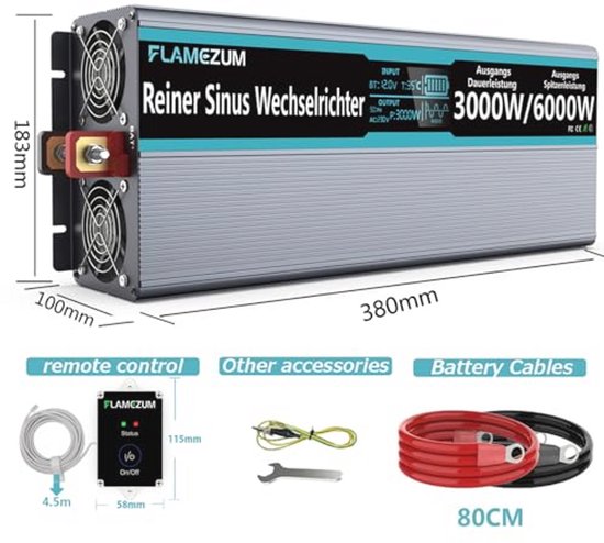 3000W Omvormer 12V naar 230V - Zuivere Sinus Spanningsomvormer met Afstandsbediening, LED-Display, 2 EU Stopcontacten en 2 USB-poorten voor Auto, Caravan, Boot en Camping