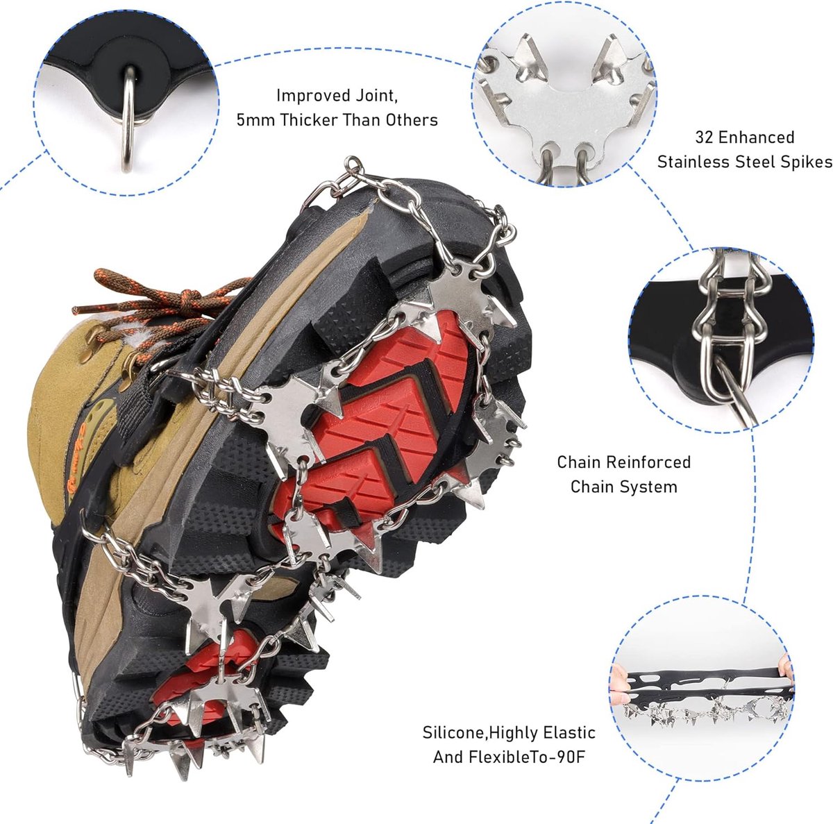 Candala Stijgijzers ijsnoppen antislip sneeuwgrips voor laarzen schoenen met 32 roestvrijstalen spikes antislip voor wandelen hiken klimmen vissen en bergbeklimmen Zwart